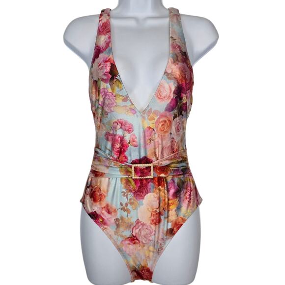 L'Agence Lisa Soft Cloud One Piece Swimsuit Floral Deep V Pearl Buckle Small NEW - Picture 2 of 9